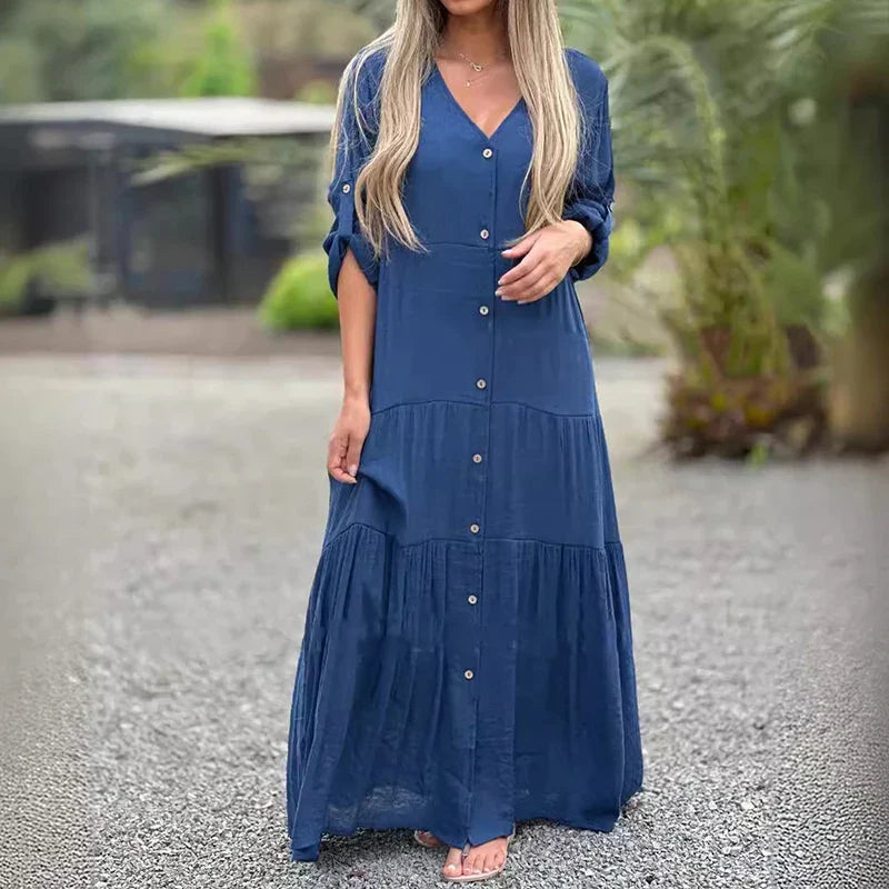 Vestido Cibela Manga Comprida em V - Soltinho e Leve para o Verão 2025