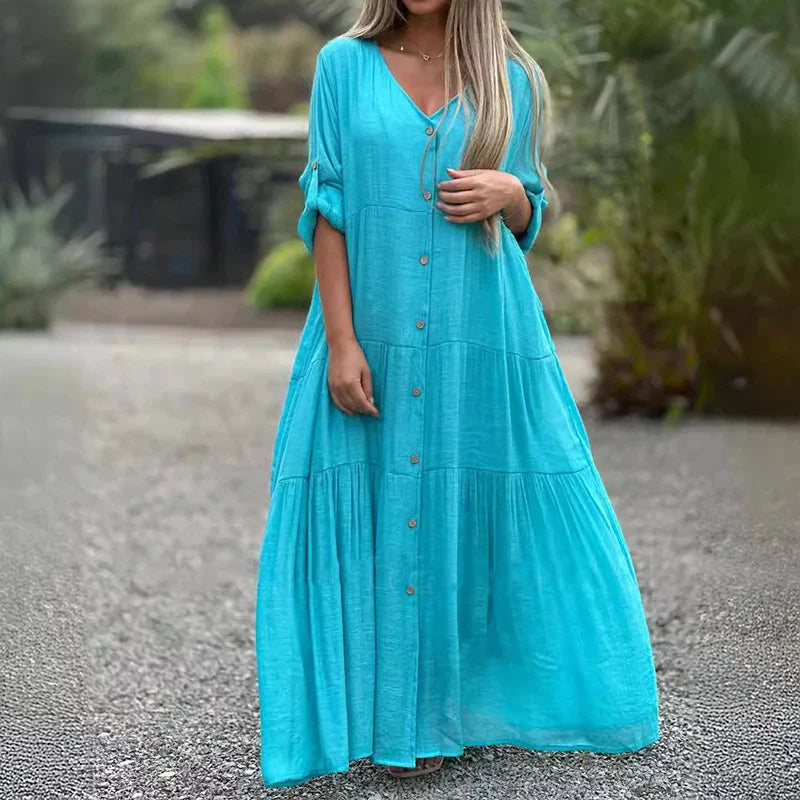 Vestido Cibela Manga Comprida em V - Soltinho e Leve para o Verão 2025