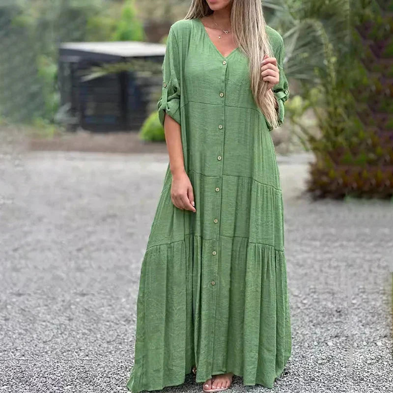 Vestido Cibela Manga Comprida em V - Soltinho e Leve para o Verão 2025